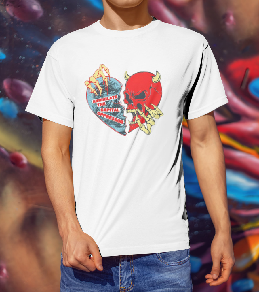 Annihilate The Capital Oppressor Red Skull And Skeleton Heart Design T-Shirt