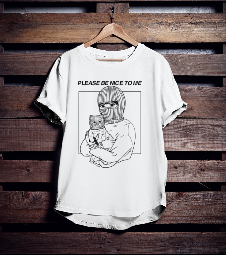 Please Be Nice To Me Masked Figure Hugging Cat T-Shirt