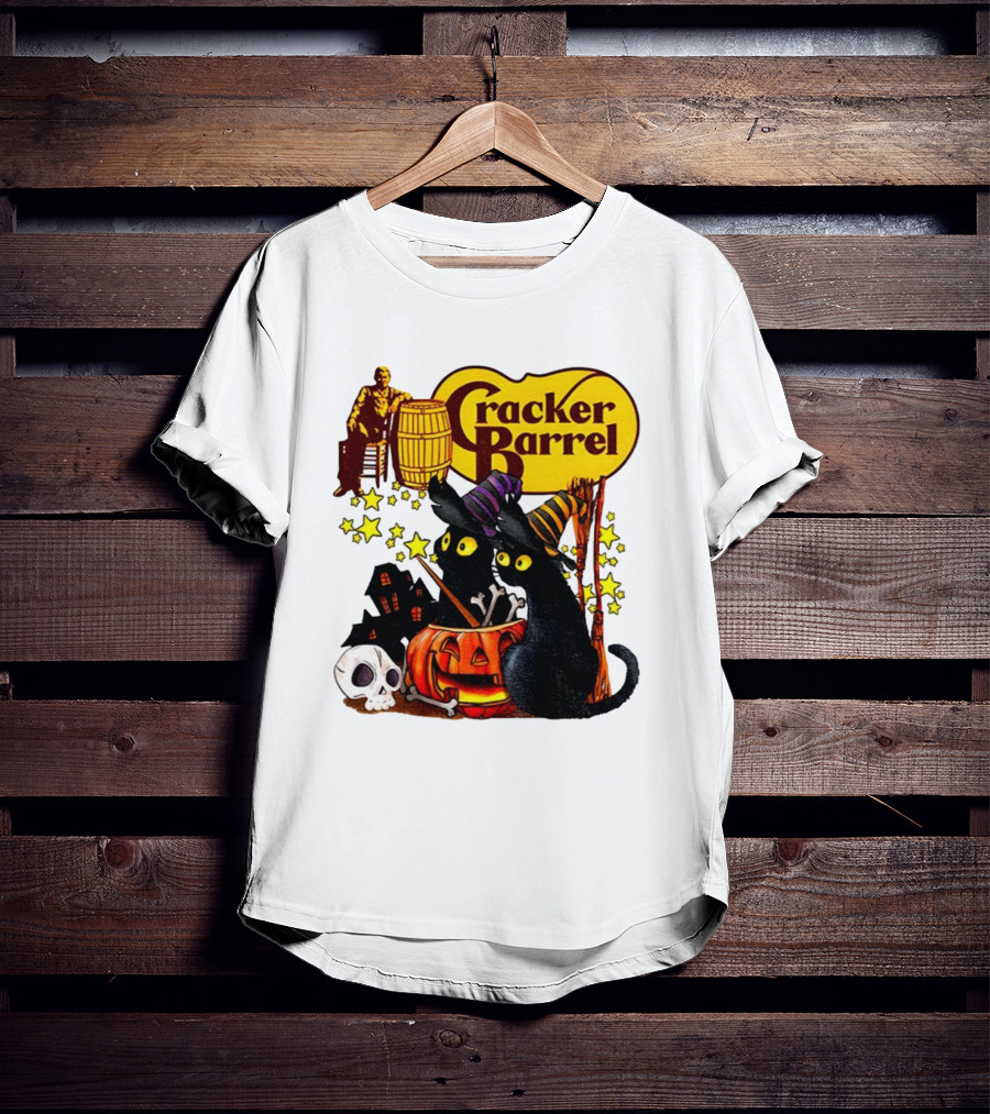 Cracker Barrel Halloween 2025 Black Cat Witches Pumpkin Stars Skulls T-Shirt