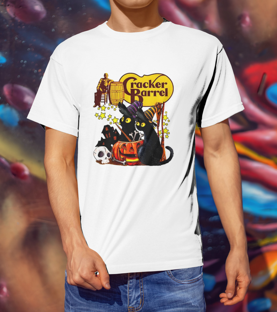 Cracker Barrel Halloween 2025 Black Cat Witches Pumpkin Stars Skulls T-Shirt