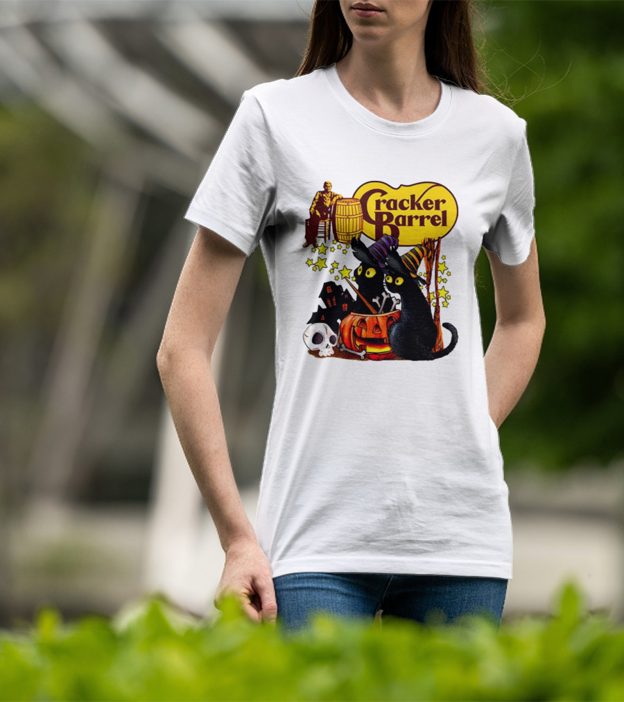 Cracker Barrel Halloween 2025 Black Cat Witches Pumpkin Stars Skulls T-Shirt