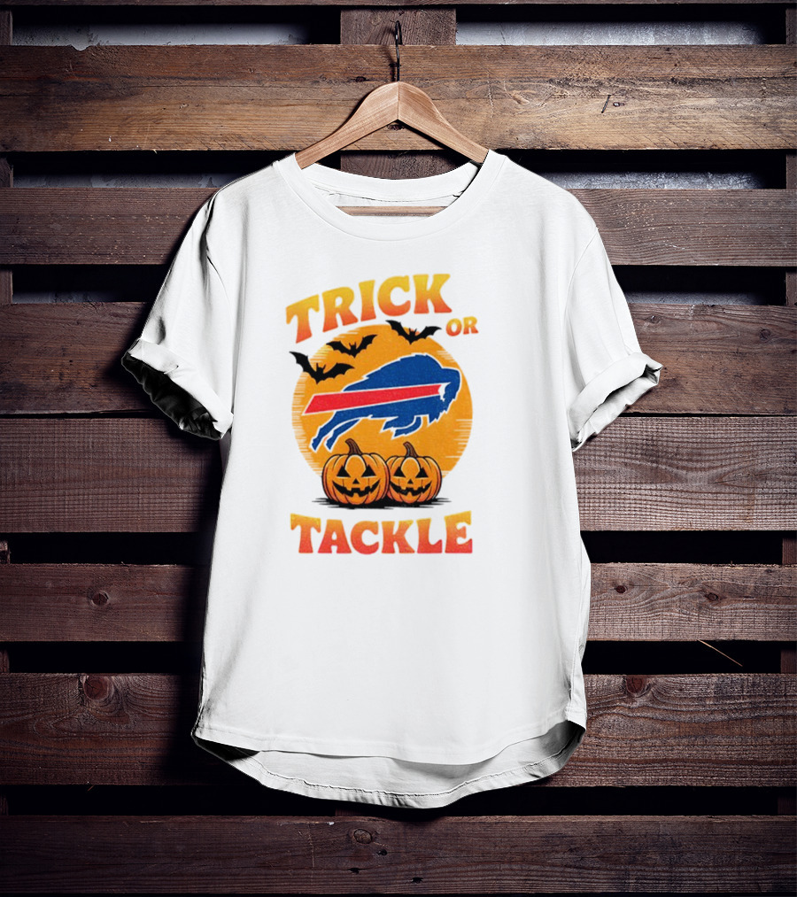 Buffalo Bills Trick Or Tackle Halloween Pumpkins And Bats T-Shirt