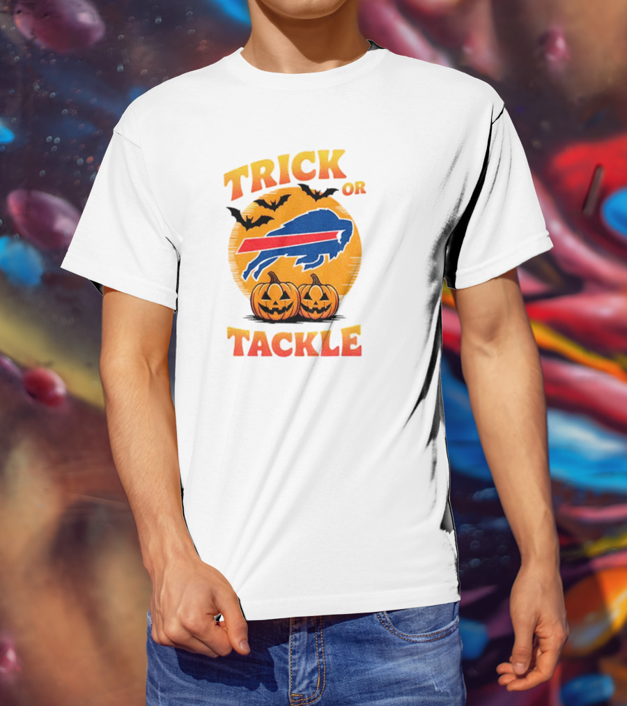 Buffalo Bills Trick Or Tackle Halloween Pumpkins And Bats T-Shirt