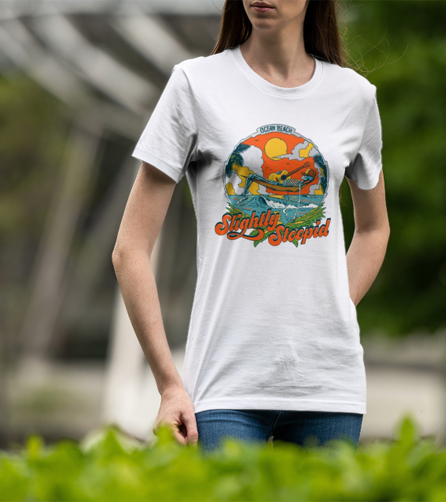 Slightly Stoopid Ocean Beach Skeleton Hammock Sun Guitar T-Shirt
