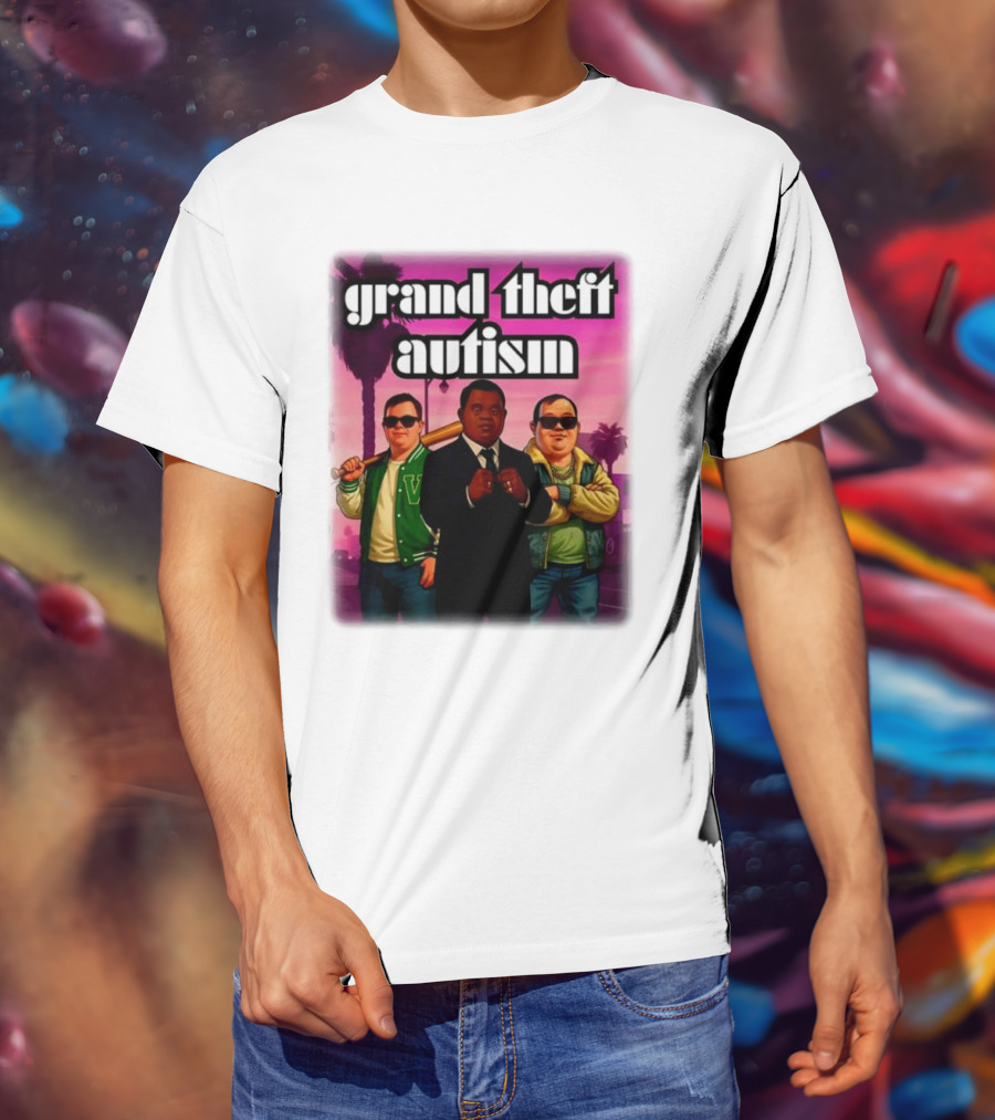 Grand Theft Autism Characters In Iconic Urban Setting T-Shirt