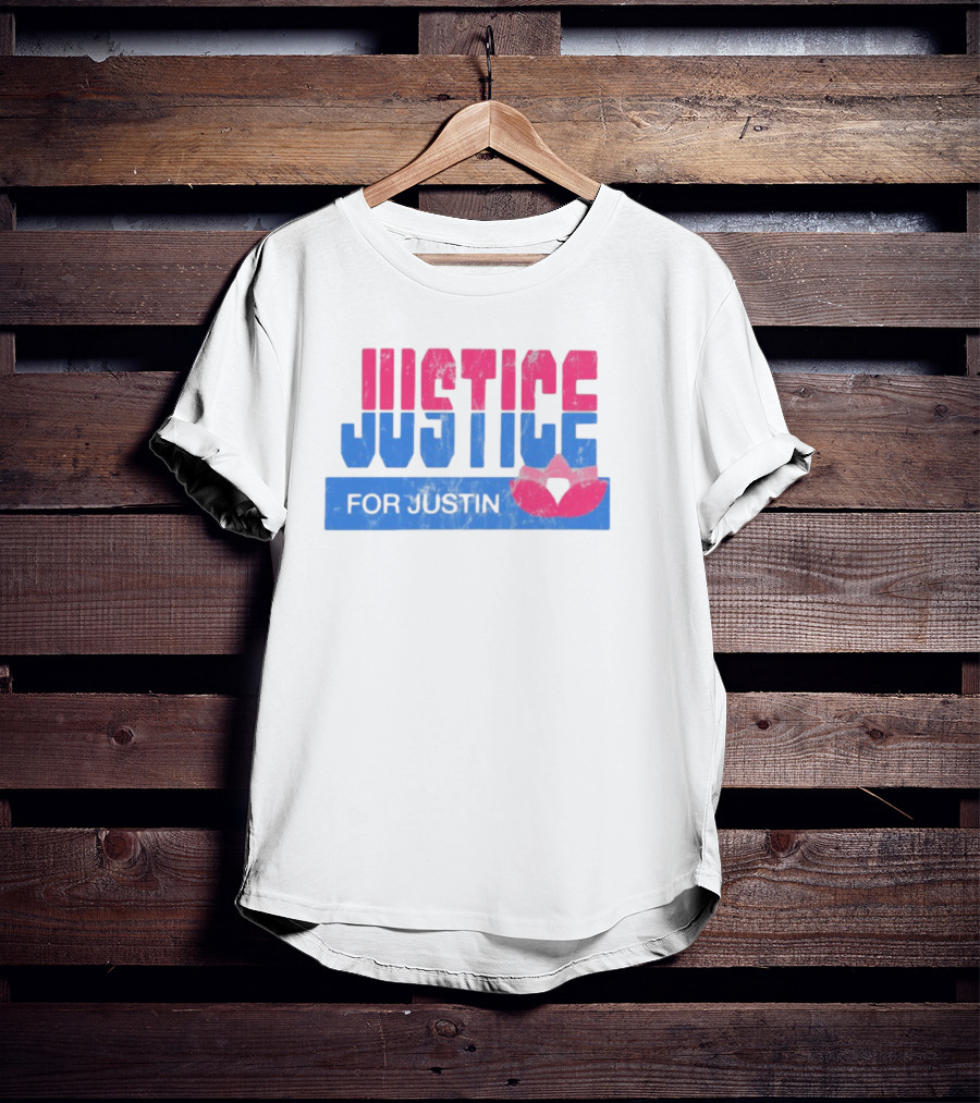 Justice For Justin LGBTQ Pride Pink And Blue Bold Text With Heart Symbol T-Shirt