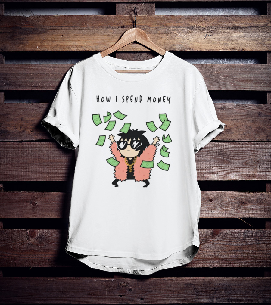 Sarah Andersen How I Spend Money Comic Character Pink Coat Dollar Bills Falling T-Shirt