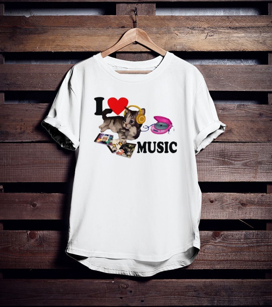 I Love Music Cat Headphones Portable CD Player Cute Cat Photos T-Shirt