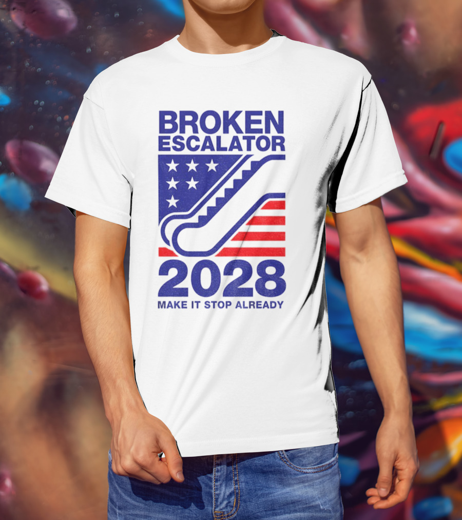 Broken Escalator 2028 Make It Stop Already American Flag Stars Stripes T-Shirt