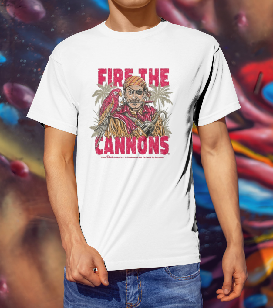 Fire The Cannons Buccaneers Pirate Parrot Palm Trees T-Shirt