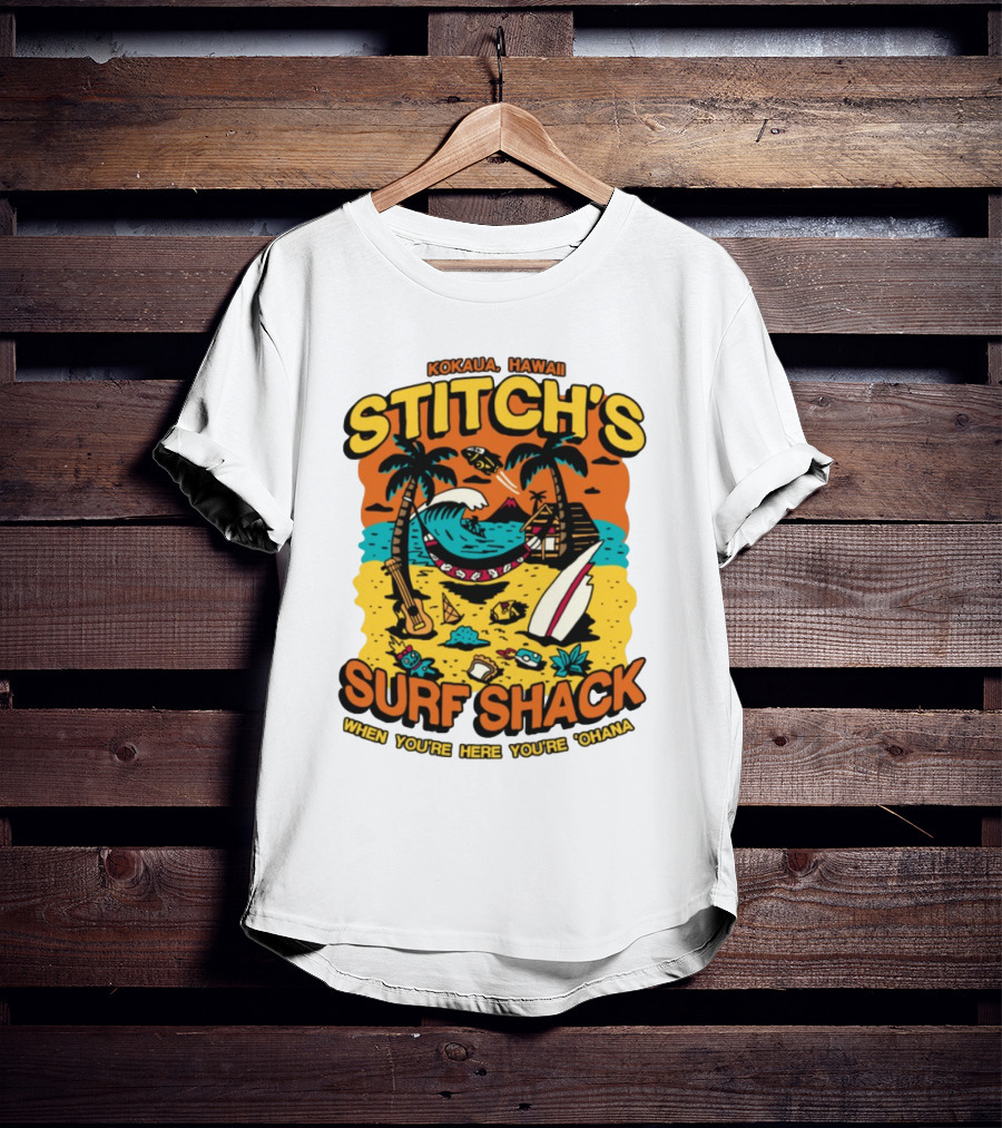 Kokaua Hawaii Stitch's Surf Shack When You're Here You're 'Ohana T-Shirt