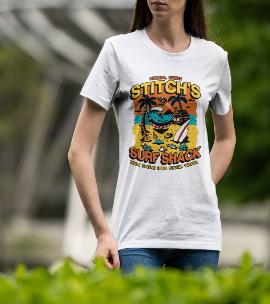 Kokaua Hawaii Stitch's Surf Shack When You're Here You're 'Ohana T-Shirt