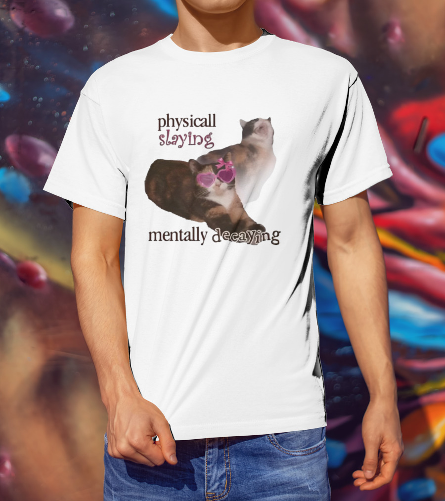 ```Snazzyseagull Physically Slaying Mentally Decaying Cat With Pink Heart Sunglasses``` T-Shirt