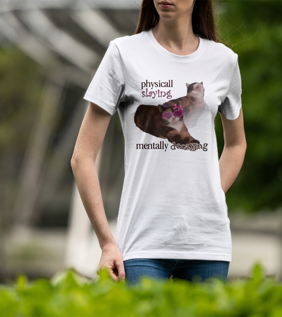 ```Snazzyseagull Physically Slaying Mentally Decaying Cat With Pink Heart Sunglasses``` T-Shirt