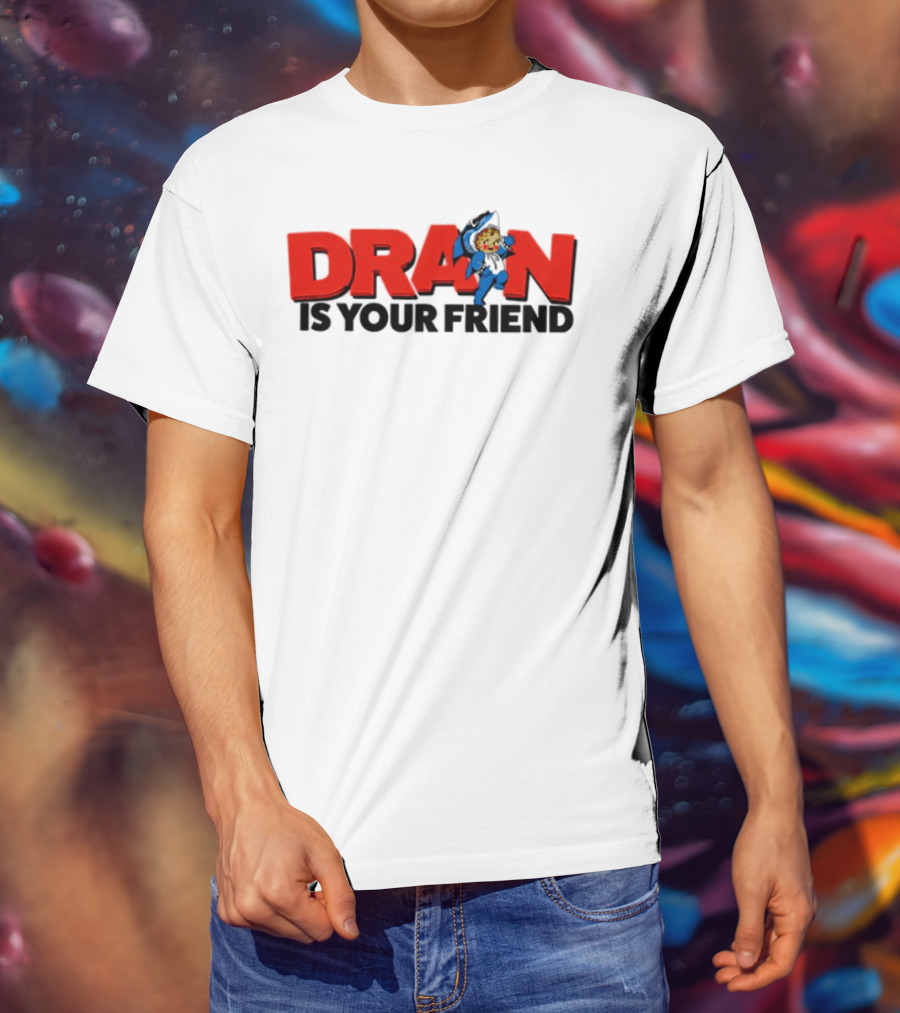 Drain Kewpie Friend In Red Block Letters With Cartoon Character T-Shirt