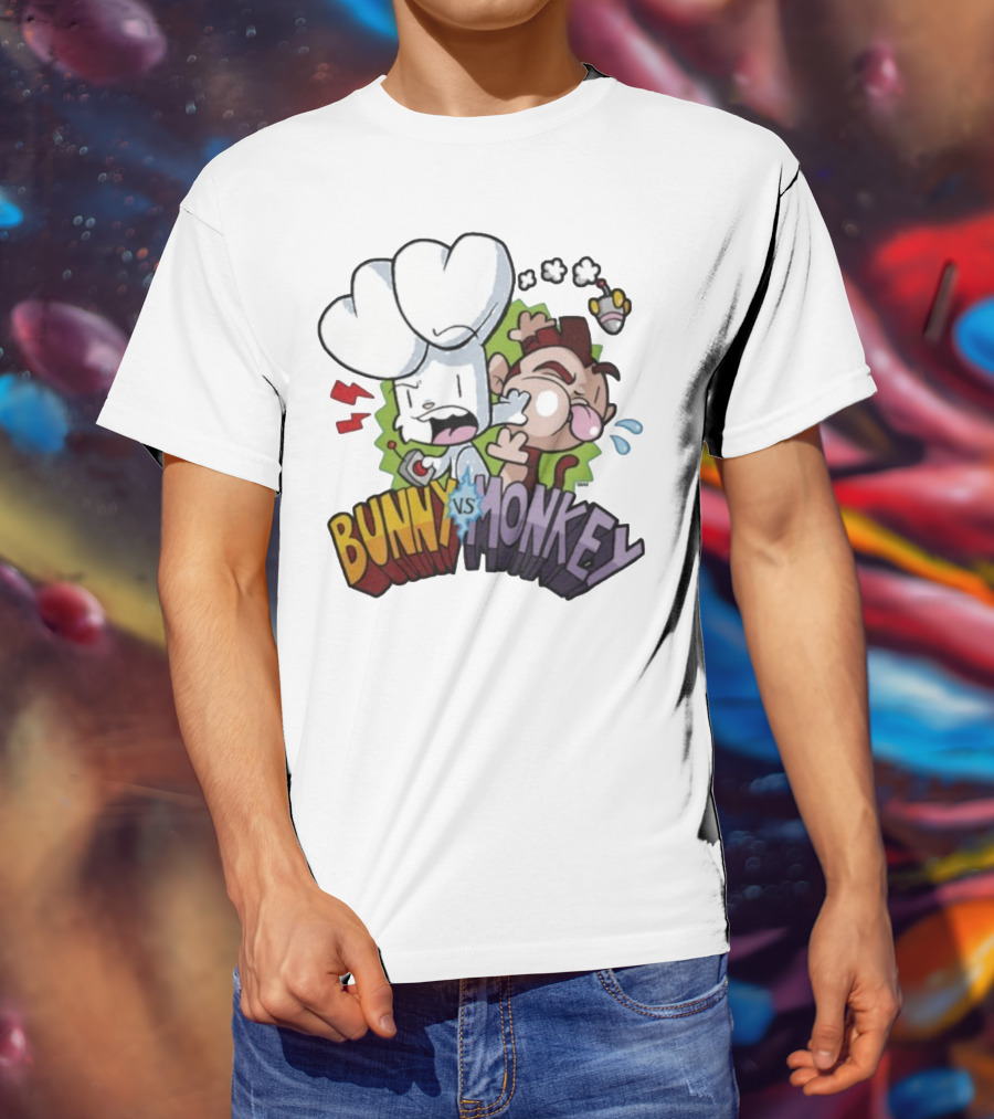 Bunny Vs Monkey Cartoon Rivalry Comic Style T-Shirt