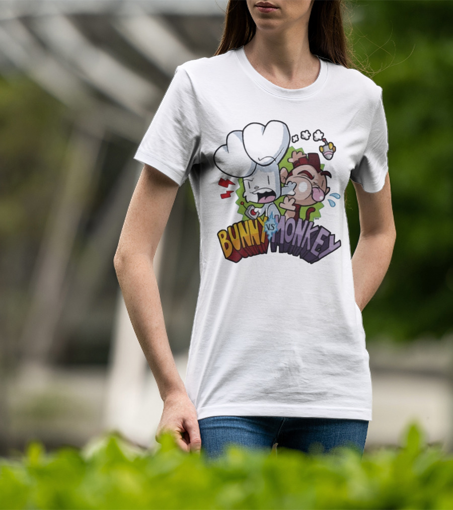 Bunny Vs Monkey Cartoon Rivalry Comic Style T-Shirt