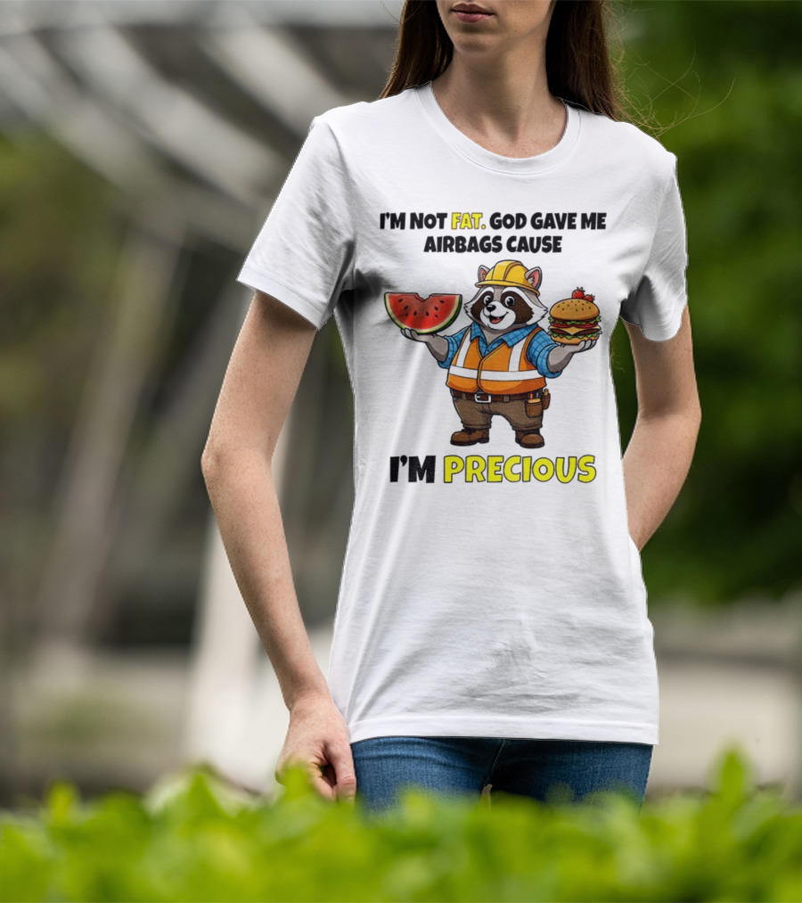 Raccoon In Safety Gear Holding Watermelon And Burger I'm Not Fat Precious T-Shirt
