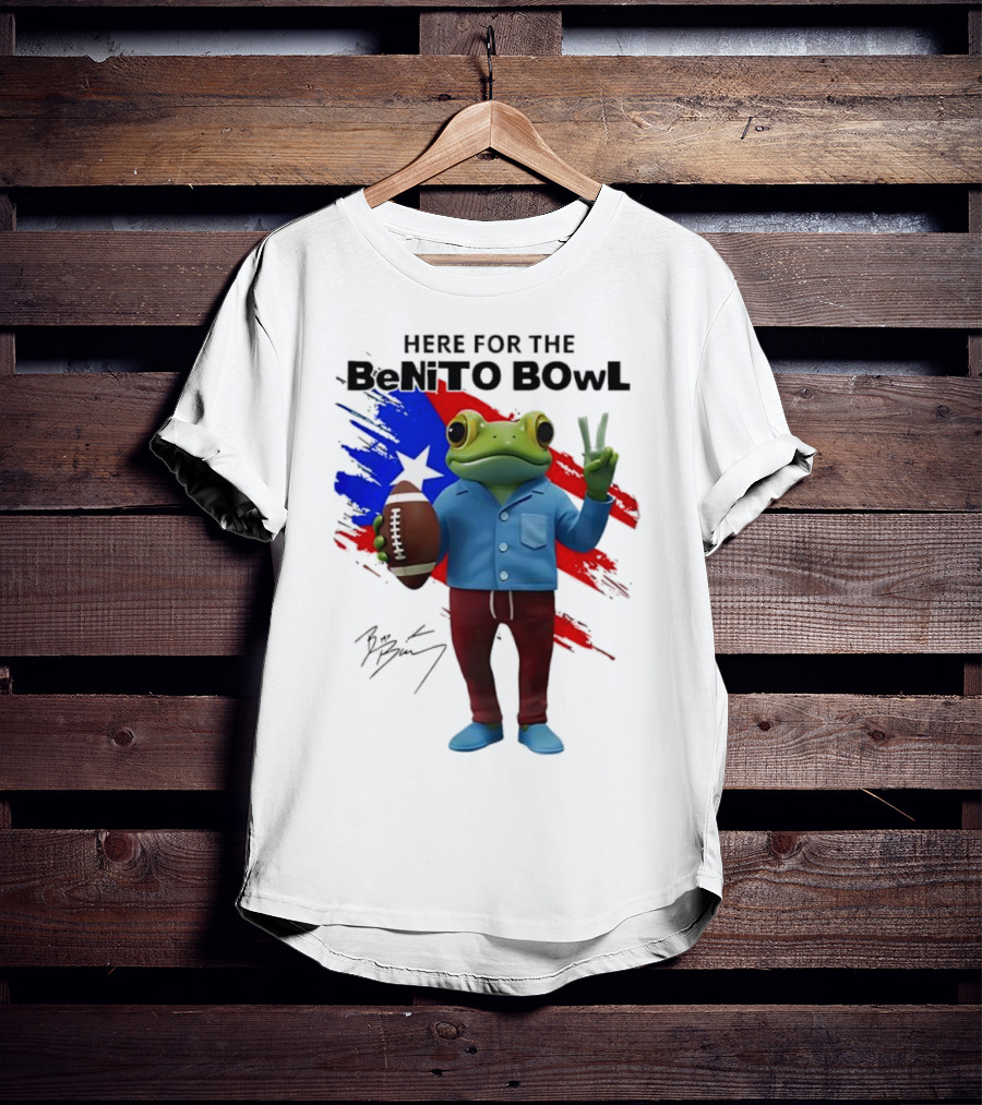 Bad Bunny Here For The Benito Bowl Super Bowl Frogs Puerto Rico Flag Football Peace Sign Signature T-Shirt