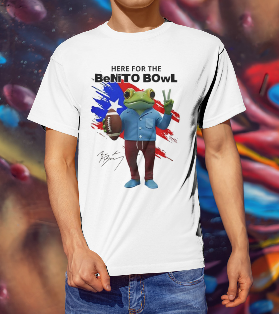 Bad Bunny Here For The Benito Bowl Super Bowl Frogs Puerto Rico Flag Football Peace Sign Signature T-Shirt