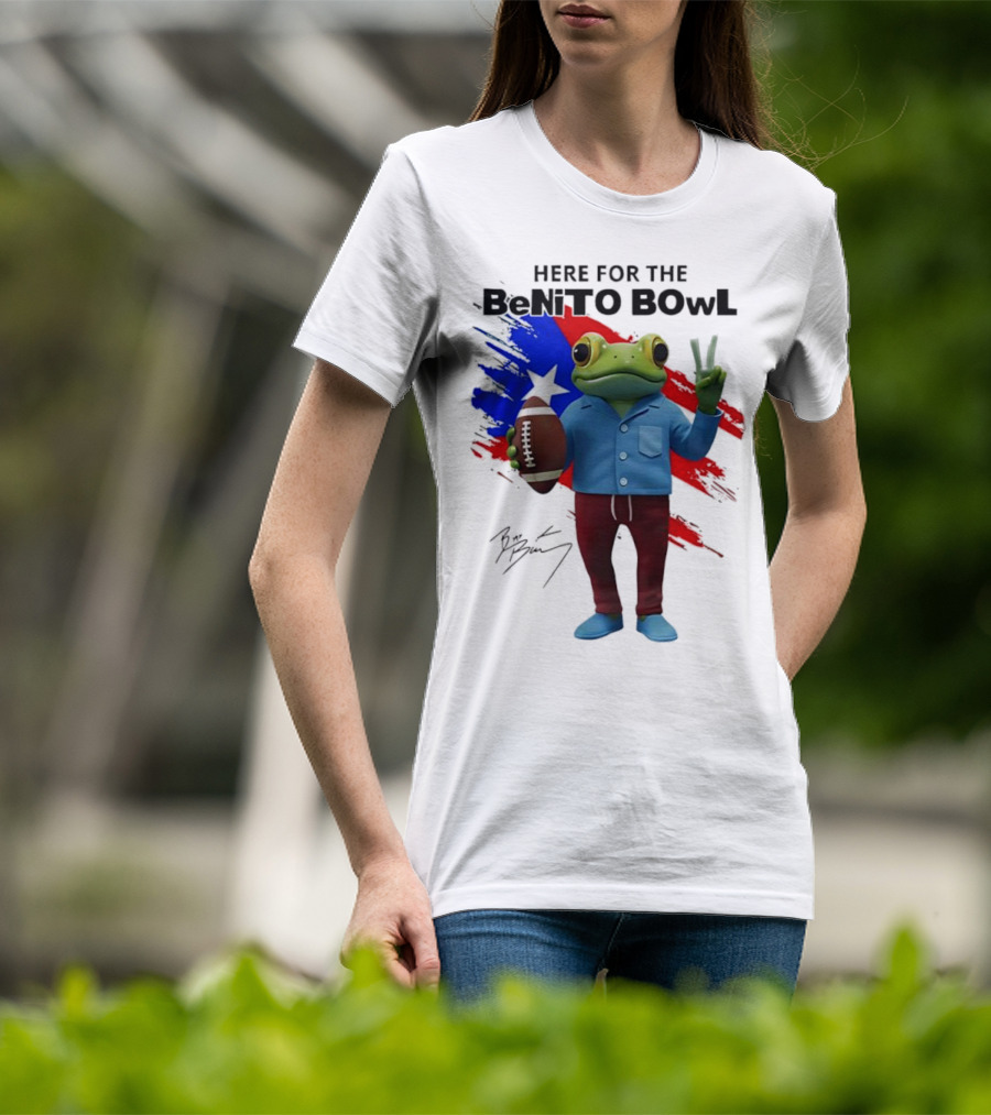 Bad Bunny Here For The Benito Bowl Super Bowl Frogs Puerto Rico Flag Football Peace Sign Signature T-Shirt