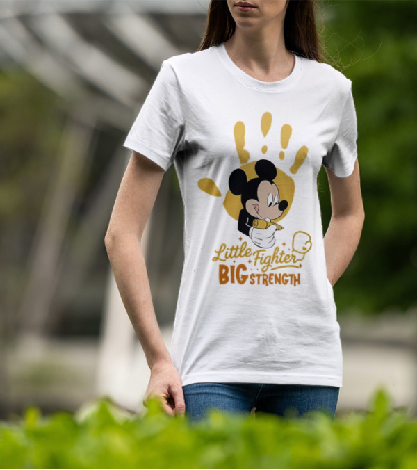 Mickey Mouse Little Fighter Big Strength Cancer Awareness Handprint T-Shirt