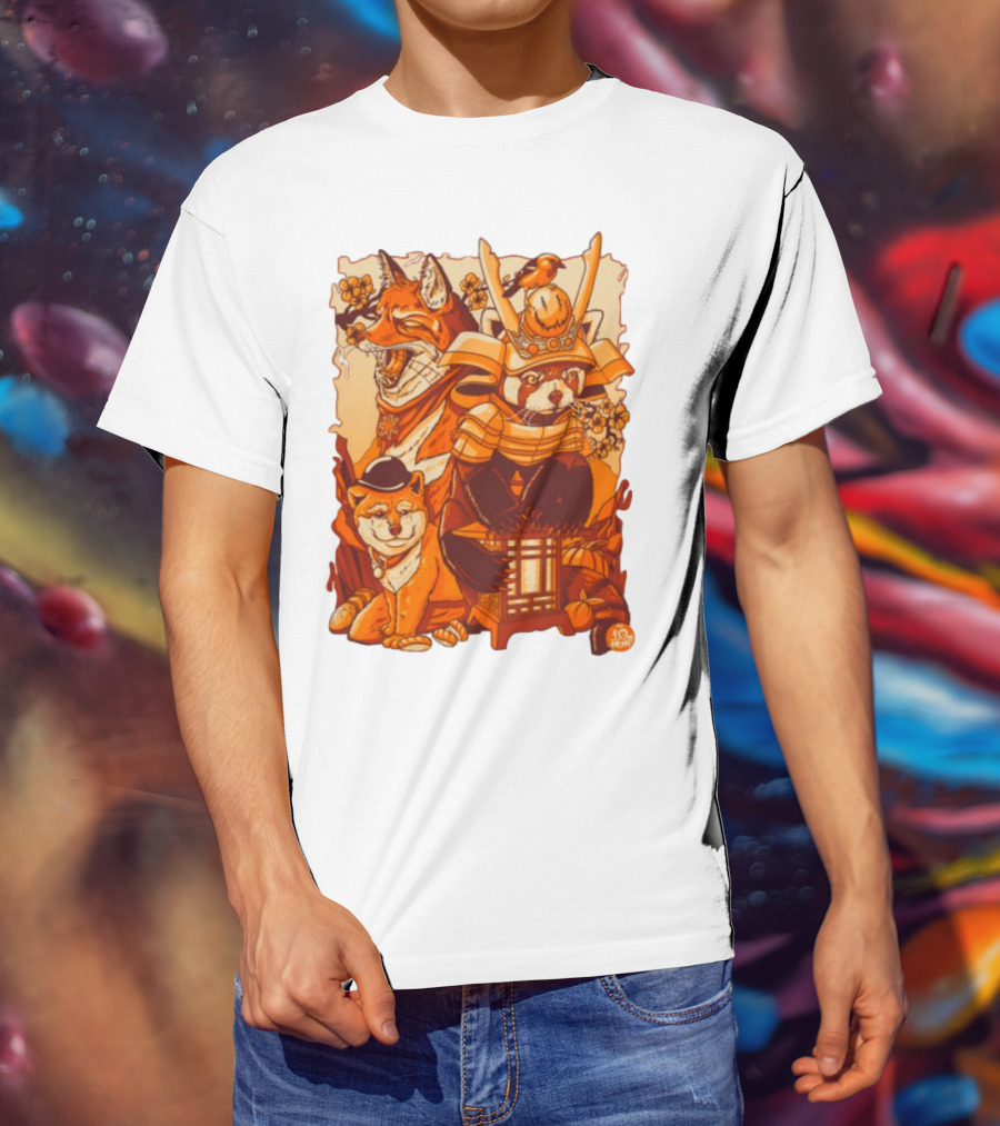 Tenhun Orange Fuzz Samurai Animal Scene T-Shirt