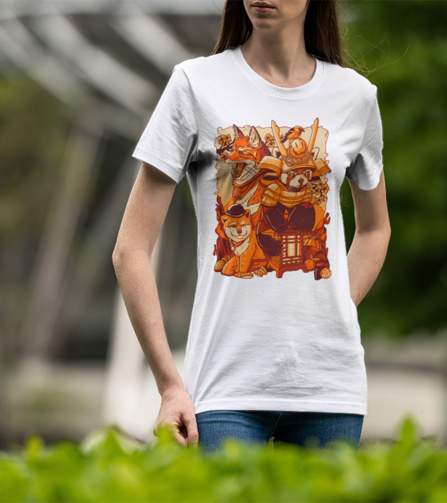 Tenhun Orange Fuzz Samurai Animal Scene T-Shirt