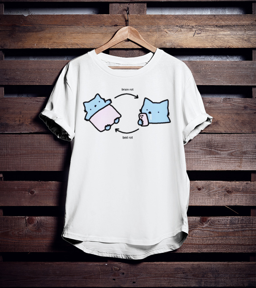 Nubcat Brain Rot Bed Rot Cute Cat Meme With Blanket And Smartphone T-Shirt