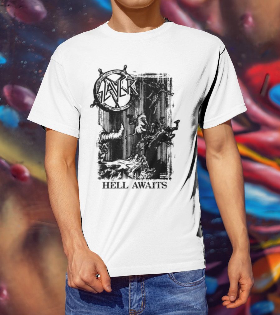 Monochrome Slayer Hell Awaits Acid Iconic Band Art T-Shirt