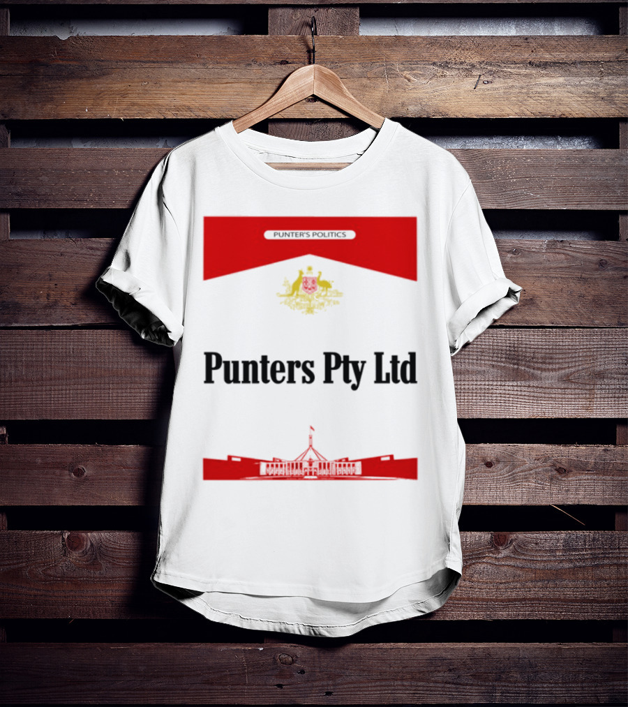 Punter's Lobbyist Uniform Australia's Parliament House Silhouette Red And Gold Emblem T-Shirt