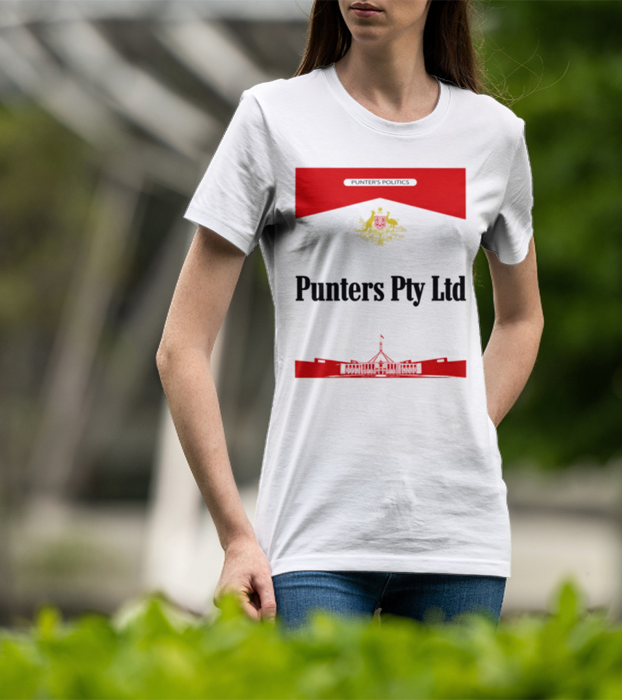 Punter's Lobbyist Uniform Australia's Parliament House Silhouette Red And Gold Emblem T-Shirt