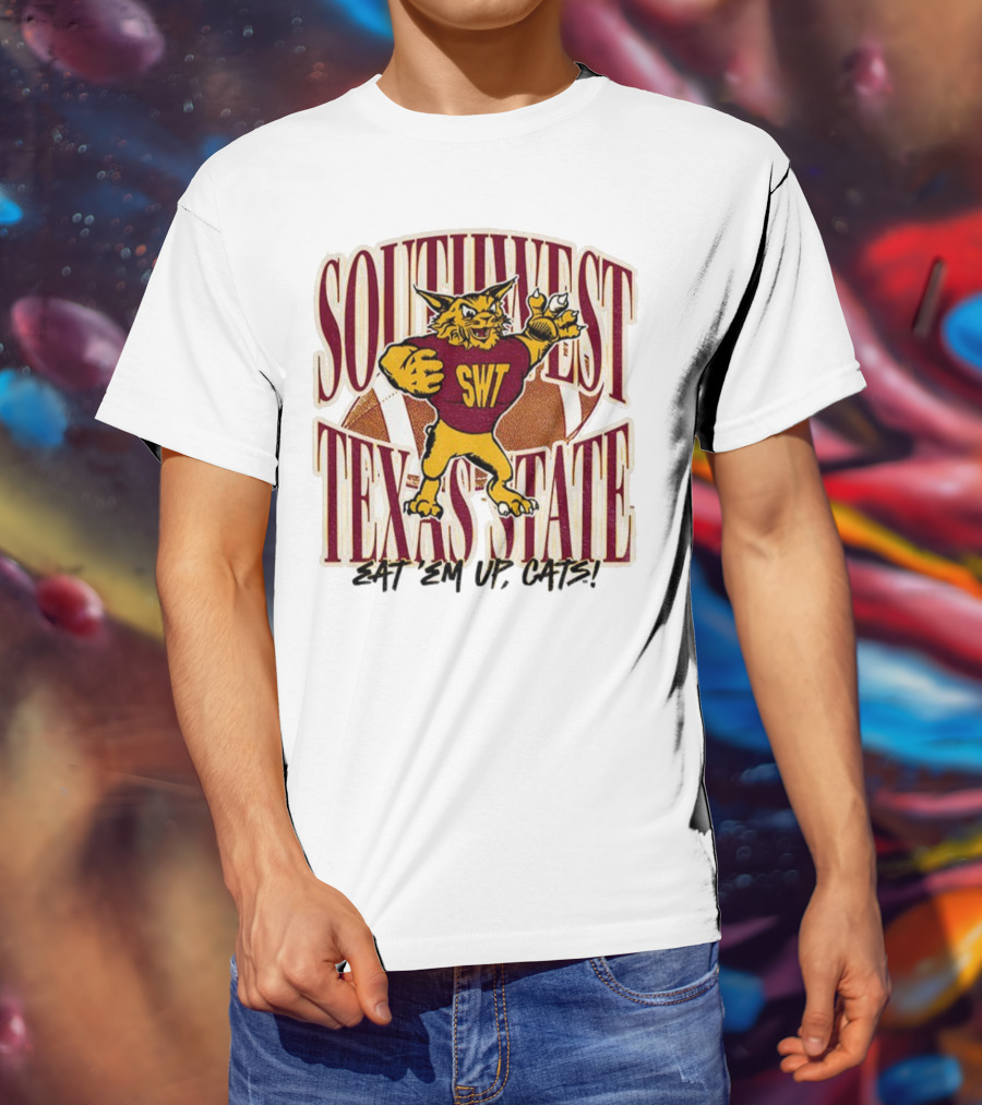 Southwest Texas State SWT 1990s Eat Em Up Cats Mascot Football T-Shirt