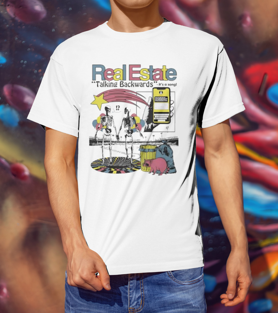 Real Estate Talking Backwards Song Star Phone Trash Can Raccoon T-Shirt