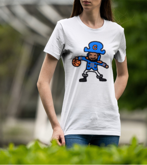 Captain Clutch Basketball Cartoon Character Blue Hat And Jacket T-Shirt
