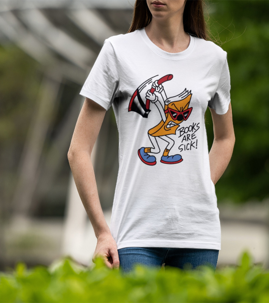 Nick Parry Axed Books Are Sick Animated Character With Pickaxe Sunglasses And Sneakers T-Shirt