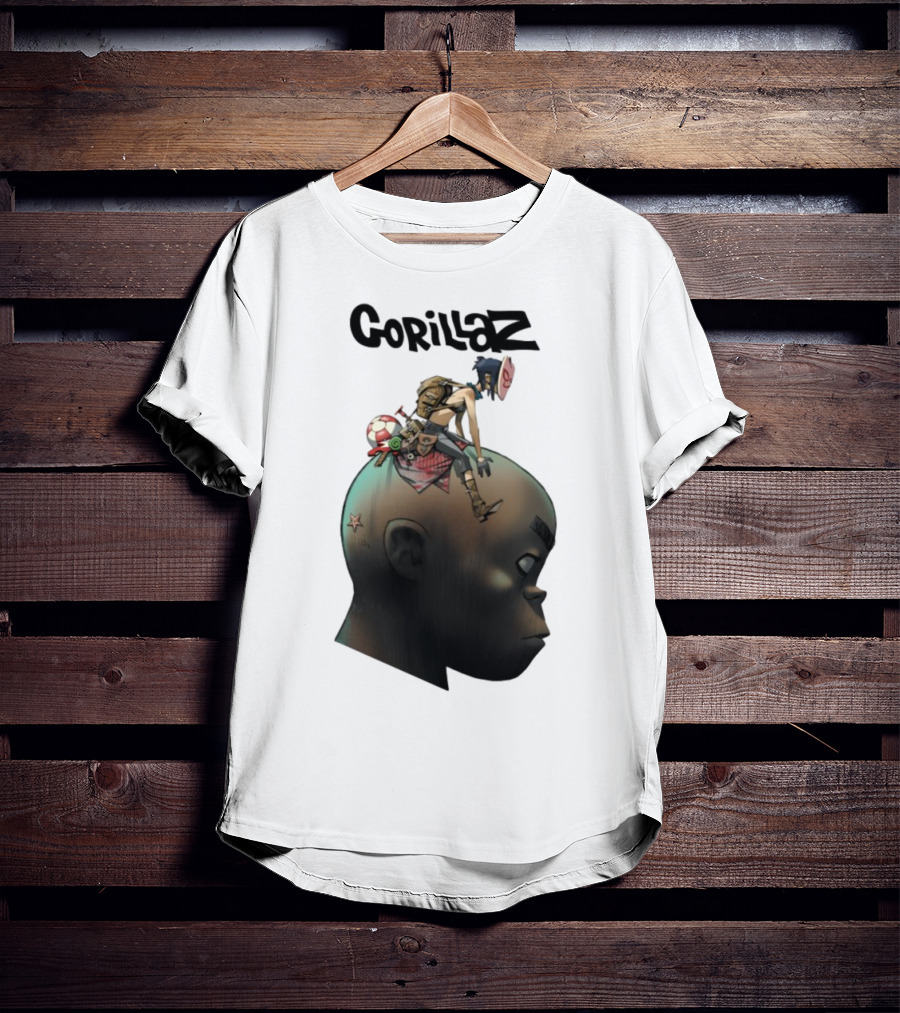Gorillaz Plastic Beach Character Illustration With Noodle Sitting On Giant Head T-Shirt