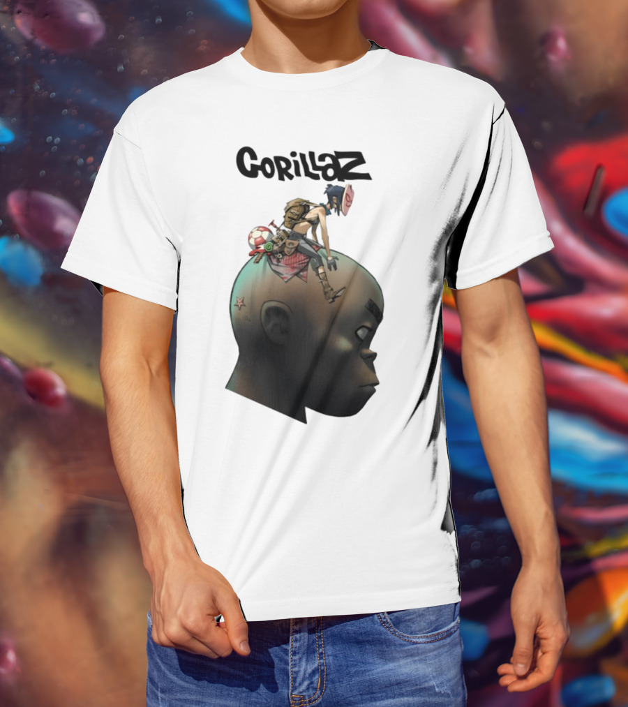 Gorillaz Plastic Beach Character Illustration With Noodle Sitting On Giant Head T-Shirt