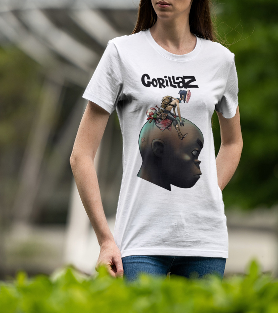 Gorillaz Plastic Beach Character Illustration With Noodle Sitting On Giant Head T-Shirt