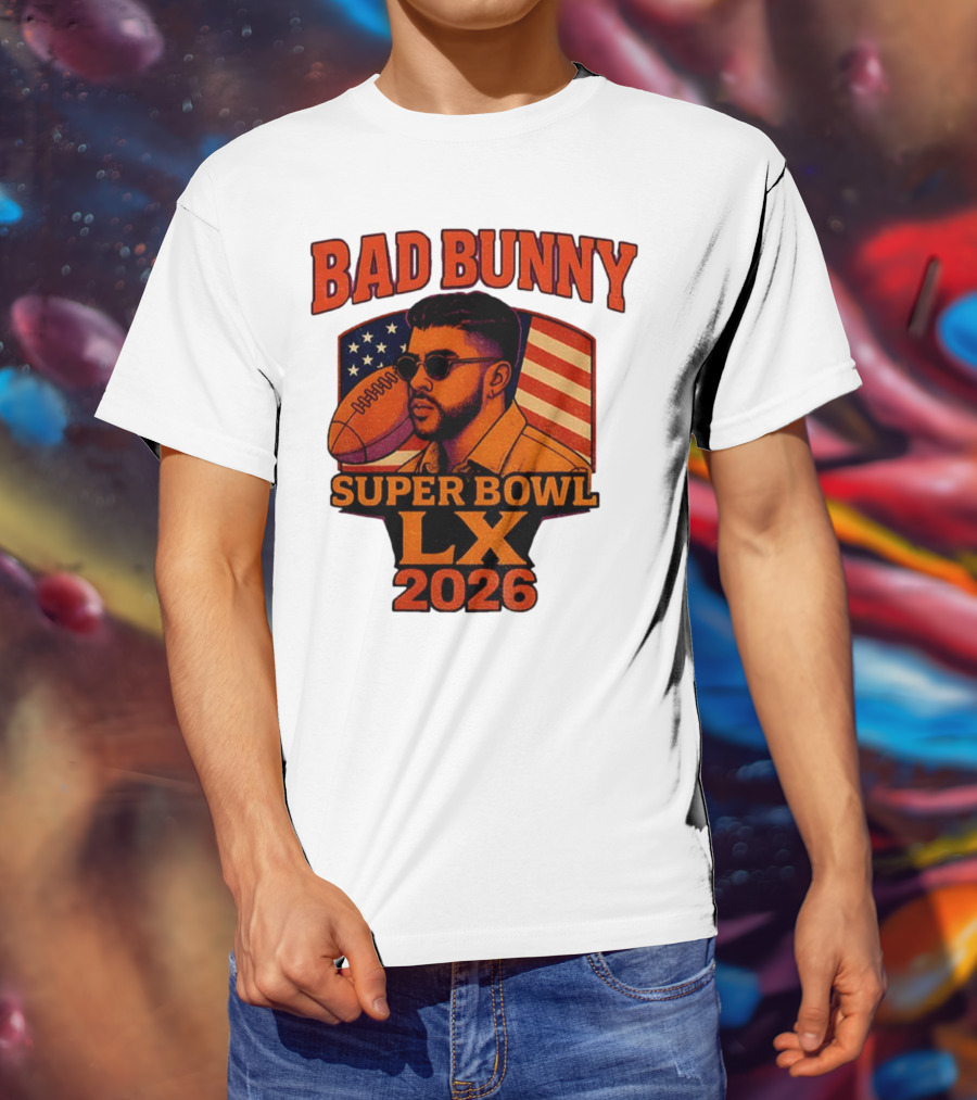 Bad Bunny Super Bowl LX 2026 American Flag Football Graphic T-Shirt