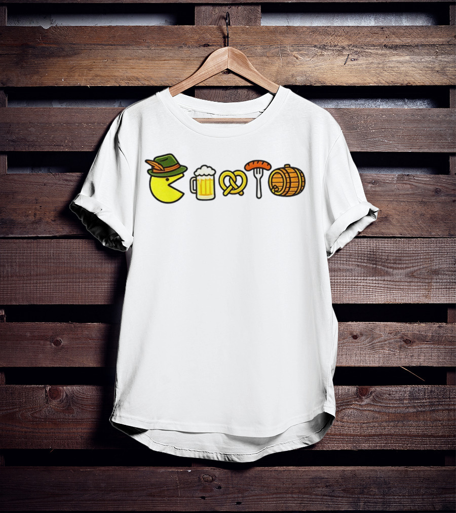 Pac-Man Oktoberfest Beer Pretzel Sausage Barrel Icons T-Shirt