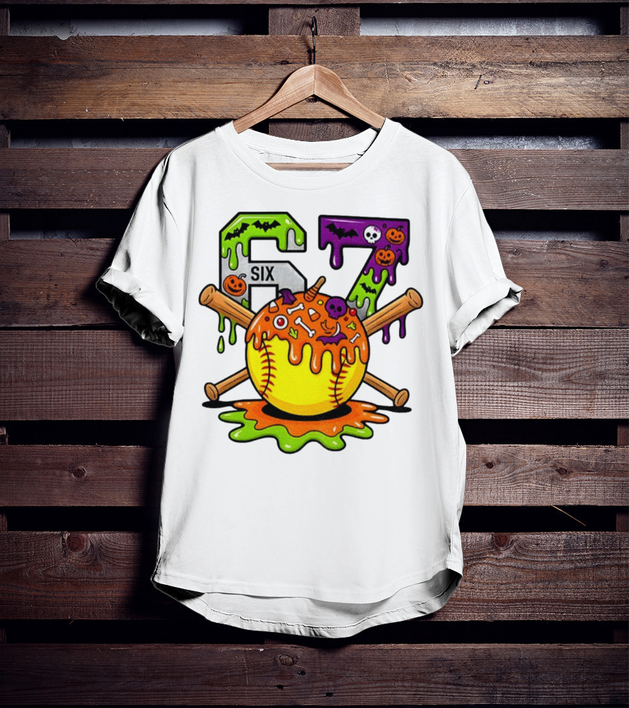 Halloween Softball 67 Six Seven Dripping Bats Pumpkins Bones Skull T-Shirt