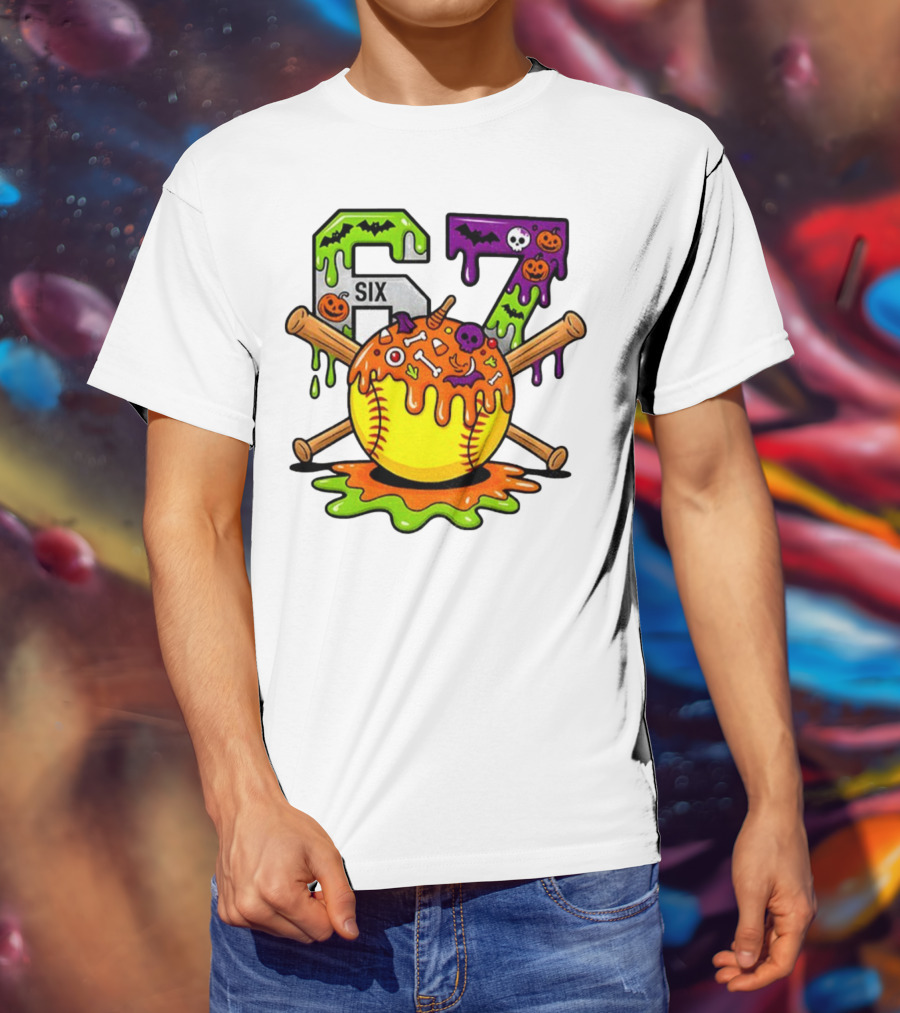 Halloween Softball 67 Six Seven Dripping Bats Pumpkins Bones Skull T-Shirt
