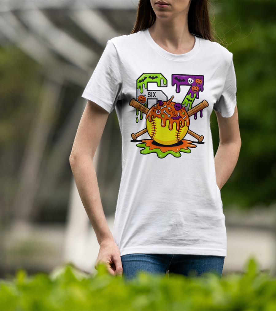 Halloween Softball 67 Six Seven Dripping Bats Pumpkins Bones Skull T-Shirt