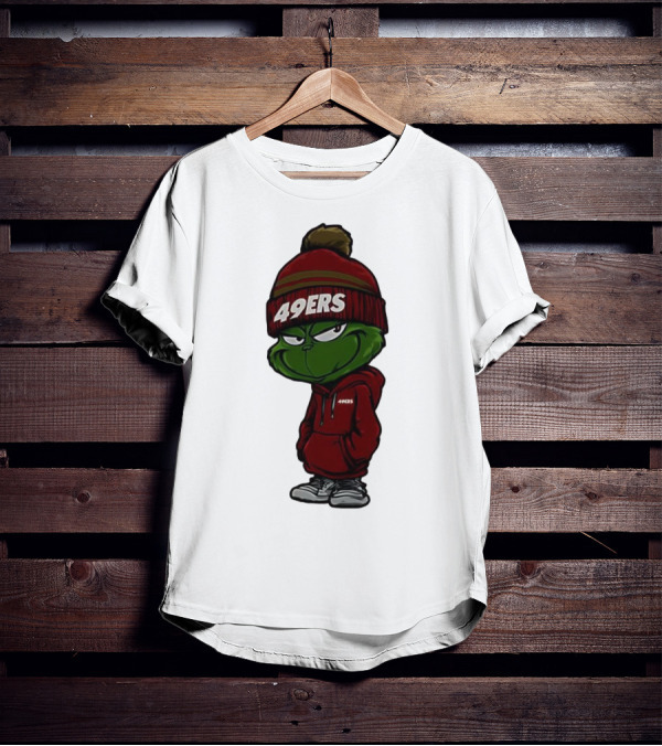 Grinch Wearing 49ers Beanie And San Francisco Football Crossover T-Shirt