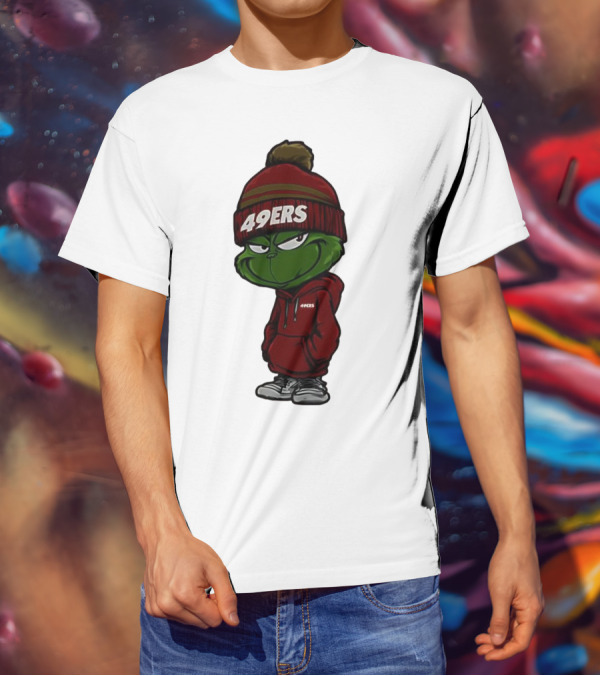 Grinch Wearing 49ers Beanie And San Francisco Football Crossover T-Shirt