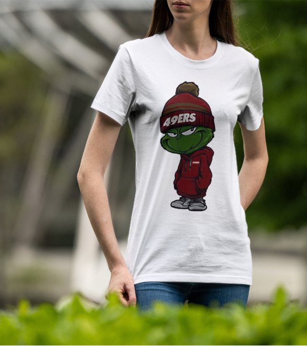 Grinch Wearing 49ers Beanie And San Francisco Football Crossover T-Shirt