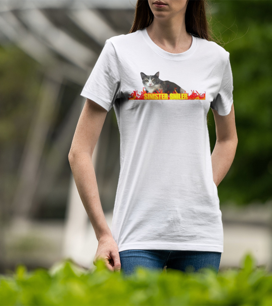 Sinister Sniler Cat With Flames Image T-Shirt