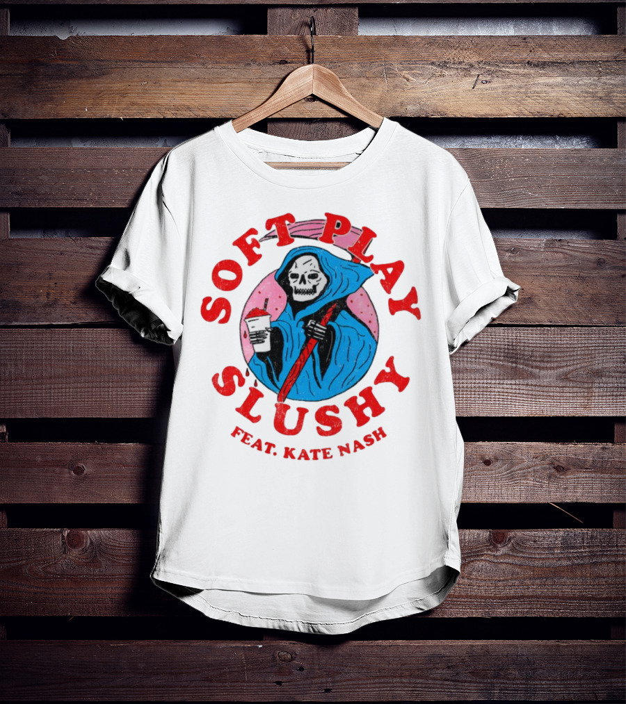 Soft Play Slushy Reaper Featuring Kate Nash Grim Reaper Holding Drink T-Shirt
