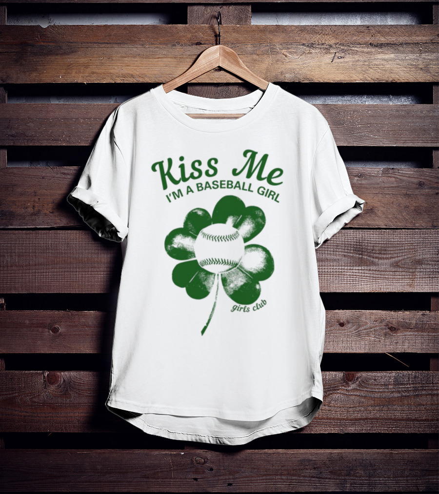 Kiss Me I'm A Baseball Girl Four Leaf Clover Stitch Lines T-Shirt
